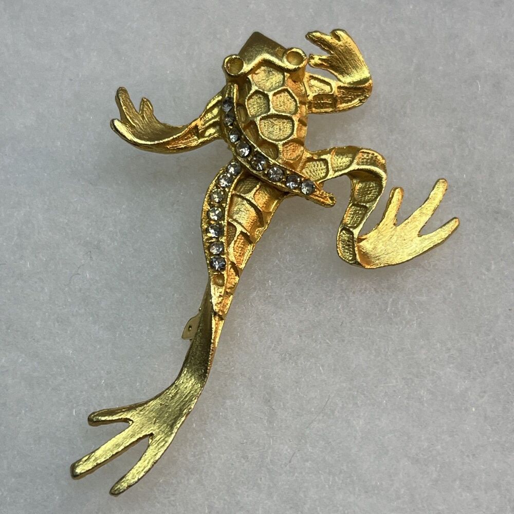 Vintage Gold Tone Clear Rhinestones Jumping Tree Frog Brooch Pendant Pin